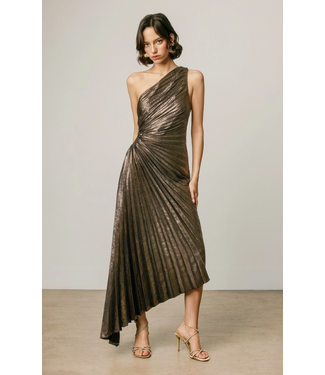 Olympia Asymmetrical Pleated Dress Metallic Foil Bronze