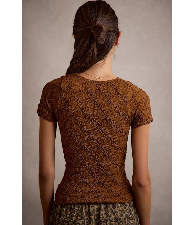 Floral Patterned  Seamless Short Sleeve Top Brown