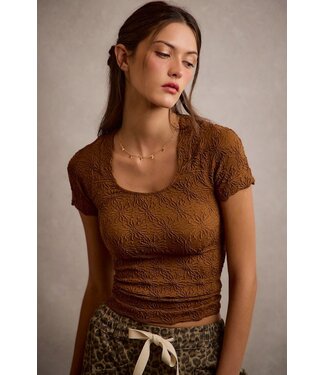 Floral Patterned  Seamless Short Sleeve Top Brown