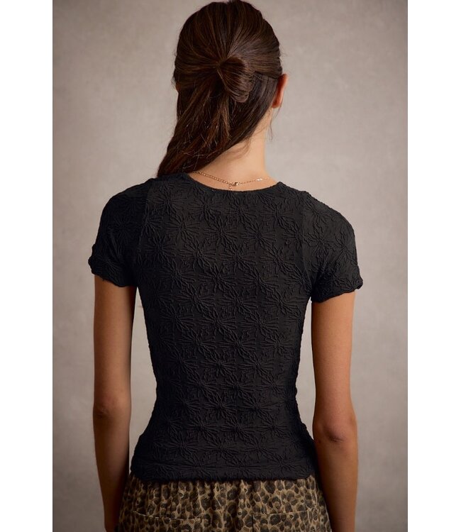 Floral Patterned  Seamless Short Sleeve Top Black