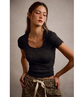 Floral Patterned  Seamless Short Sleeve Top Black