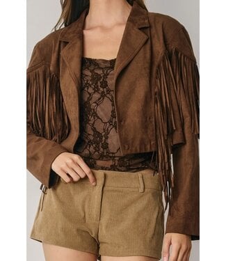 Western Faux Suede Fringe Cropped Jacket Brown