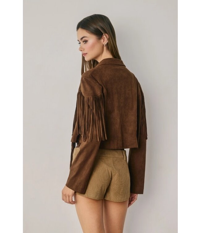 Western Faux Suede Fringe Cropped Jacket Brown