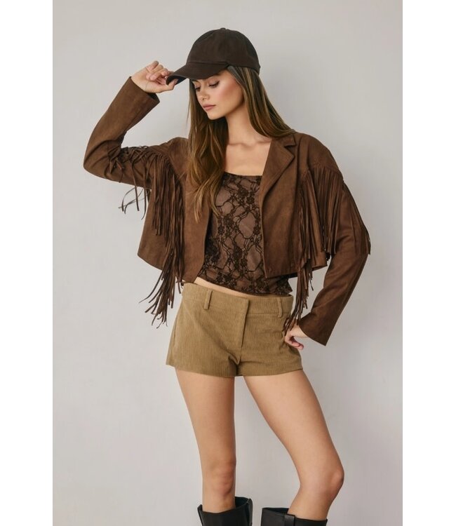 Western Faux Suede Fringe Cropped Jacket Brown