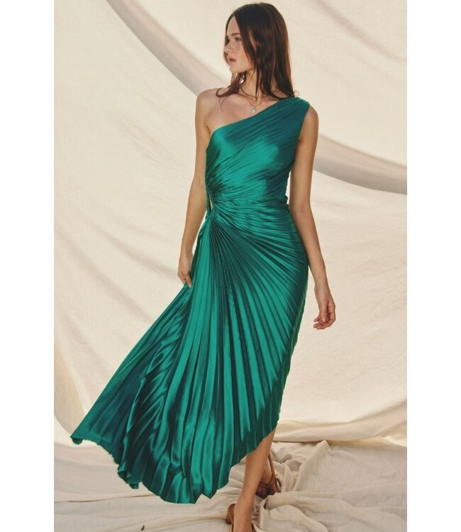 Olympia Asymmetrical Pleated Dress Dark Emerald