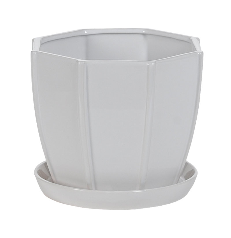 Hill's Imports Hexagon White Pot With Sacuer