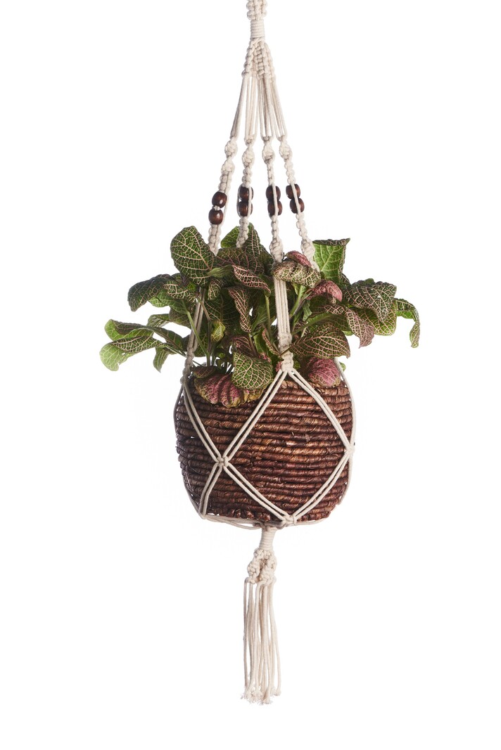 Primitive Planters Brown Beaded Cotton Woven Hanger 42"