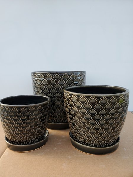 Ceramic Pot With Saucer Black Lattice