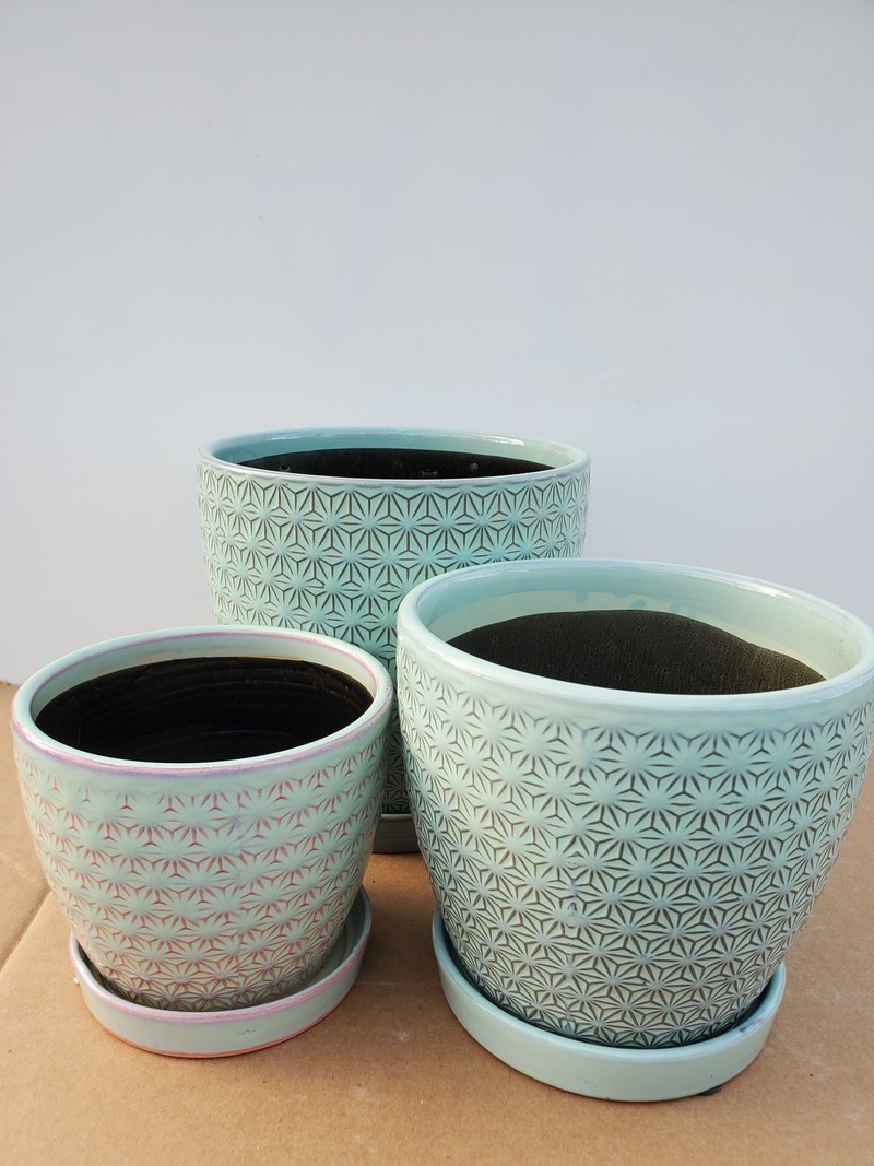 Dutch Growers Ceramic Pot With Saucer Blue/Grey Prism