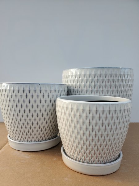 Ceramic Pot With Saucer Blue/White Diamond