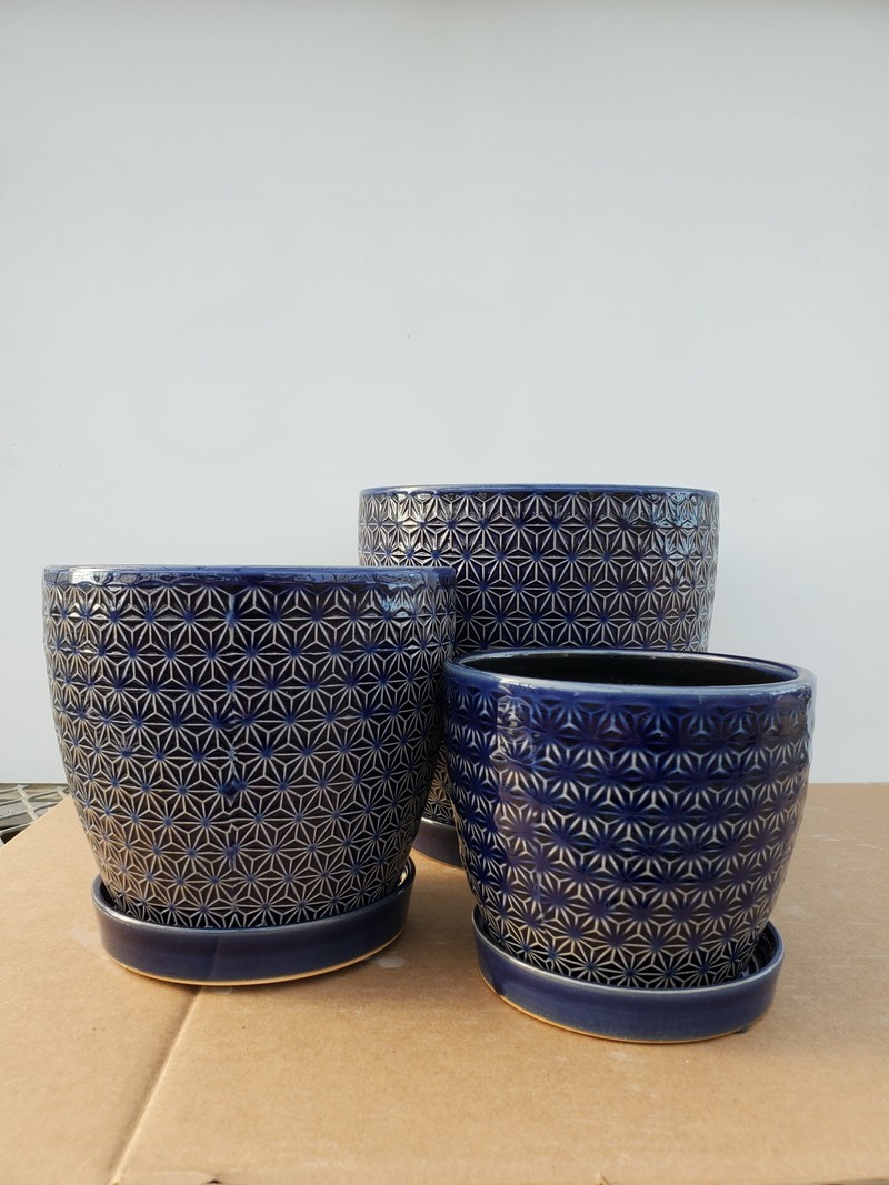 Dutch Growers Ceramic Pot With Saucer Cobalt Blue Prism