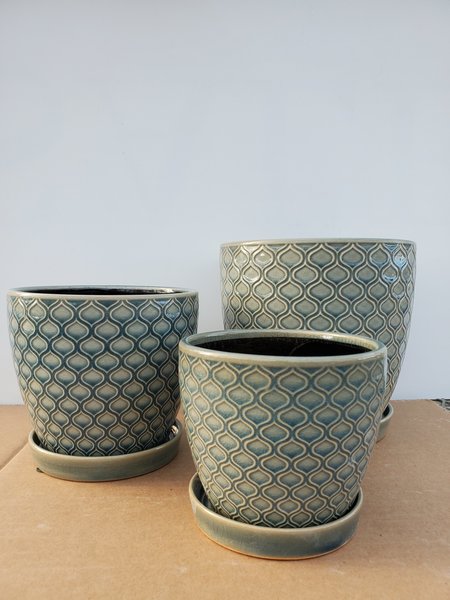 Dutch Growers Ceramic Pot With Saucer Dark Blue Lattice