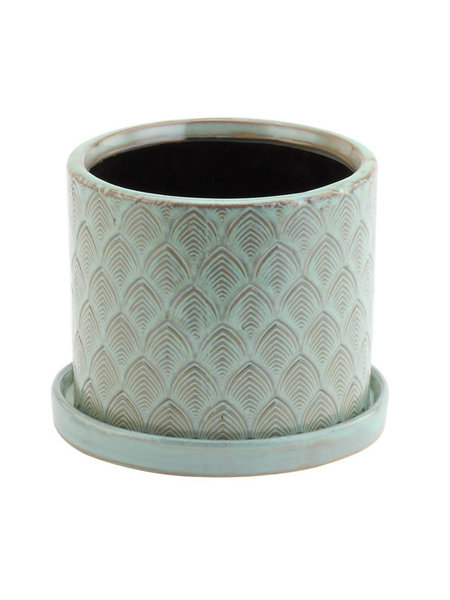 Ceramic Pot With Saucer Green Feather 4.5"