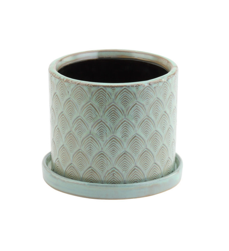 Ceramic Pot With Saucer Green Feather 4.5"