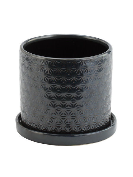 Ceramic Pot With Saucer Dark Grey Prism 4.5"