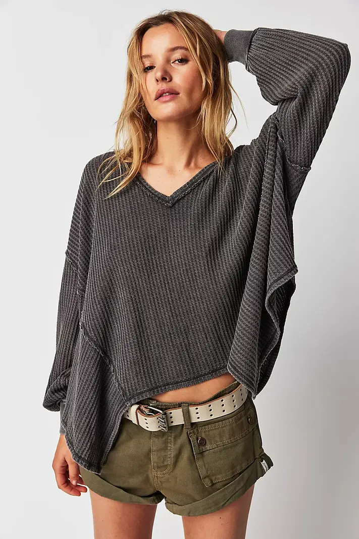 WE THE FREE PEOPLE Womens Waffle Knit Thermal Long Sleeve Shirt S Small  Green