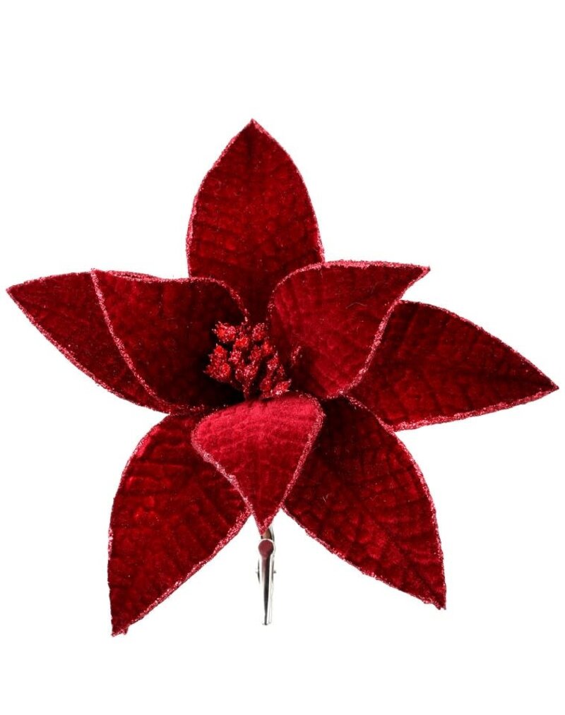Poinsettia Velvet Red Glitter Edge Clip 9"