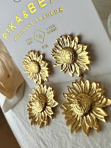 Pika & Bear Helian Double Sunflower Drop Earrings