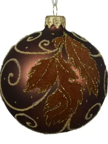 Glass Bauble with Velvet Leaves Espresso
