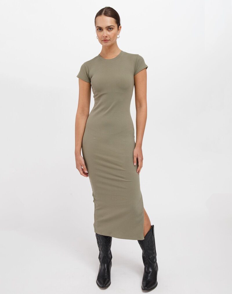 Brunette The Label Ribbed Tube Midi Dress with Cap Sleeve