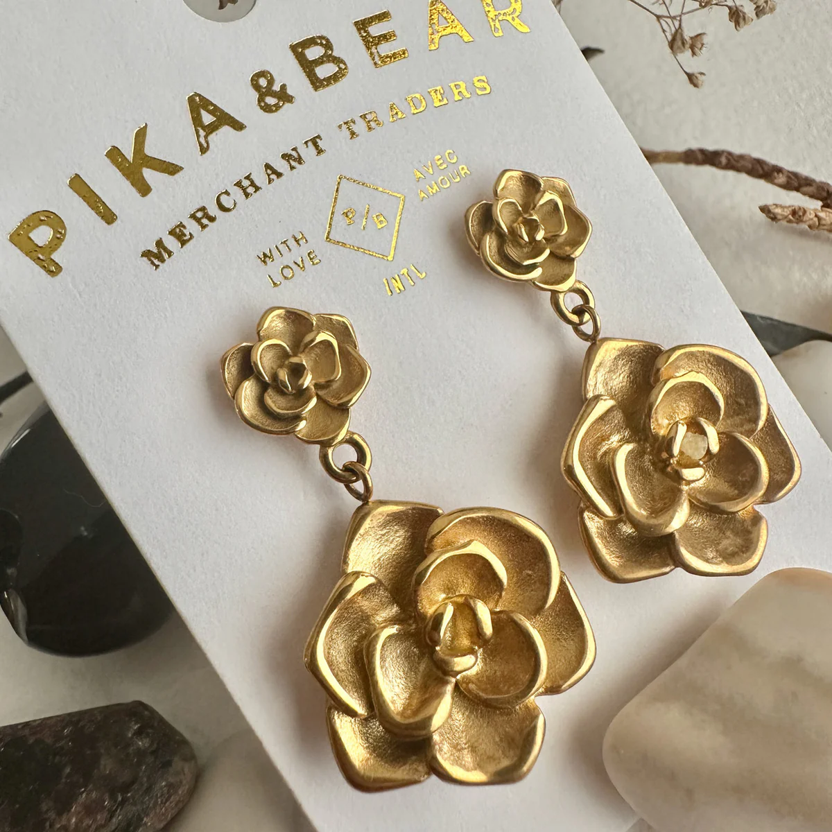 Pika & Bear Kiss From A Rose Double Rose Drop  Earring Gold