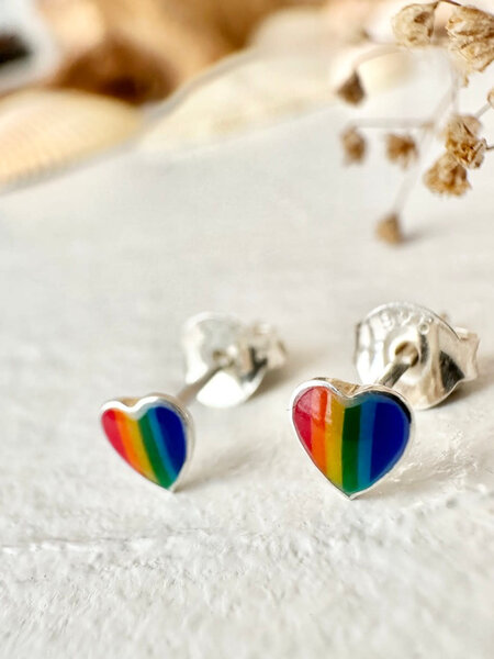 Pika & Bear Lil' Lovin' Tiny Rainbow Heart Sterling Silver Studs