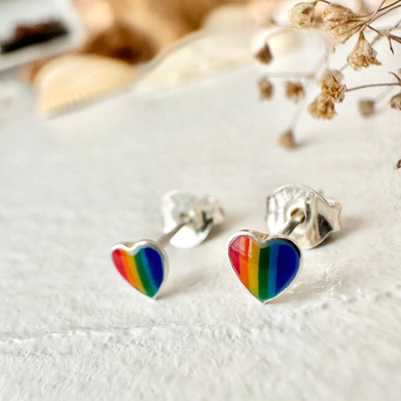 Pika & Bear Lil' Lovin' Tiny Rainbow Heart Sterling Silver Studs