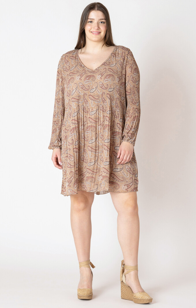 Black Tape Pleated A-Line Long Sleeve Dress