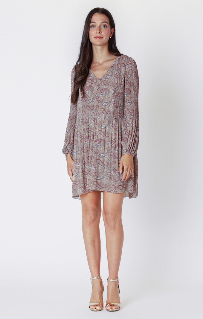 Black Tape Pleated A-Line Long Sleeve Dress