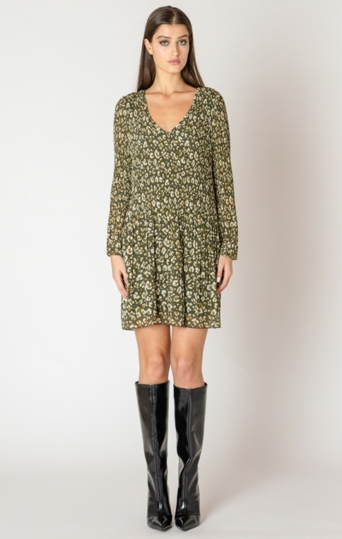 Black Tape Pleated A-Line LS Dress