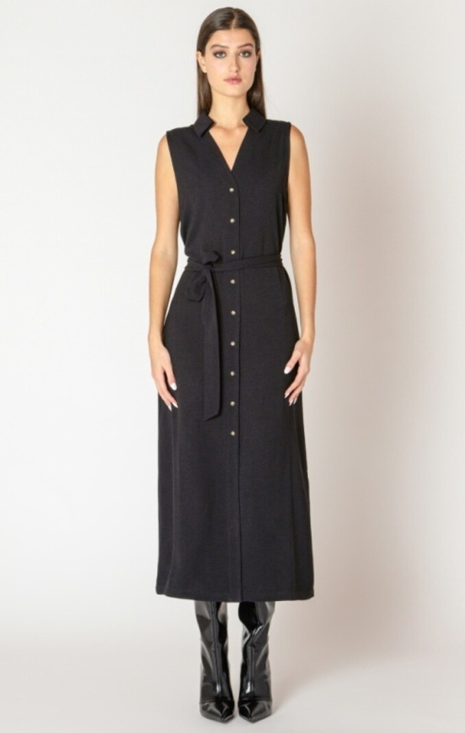 Black Tape Belted Sleeveless Shirt Dress