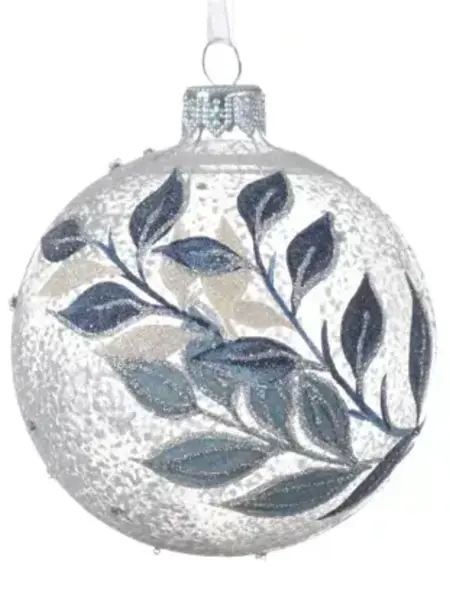 Blue Glitter Leaf Bauble White