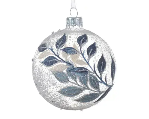 Blue Glitter Leaf Bauble White