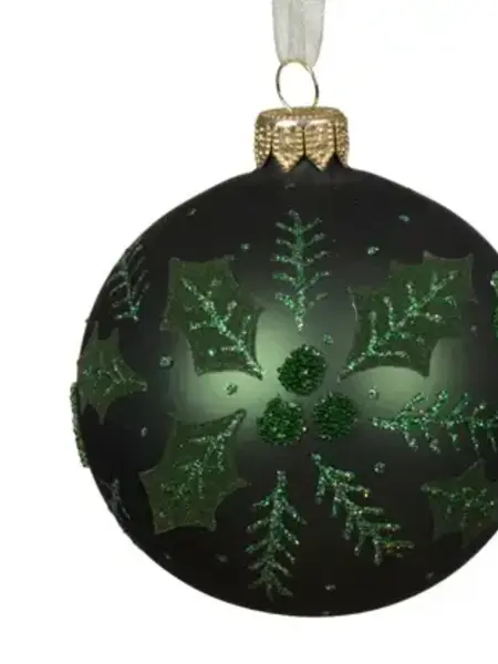 Matte Bauble with Holly Leaves Pine Green