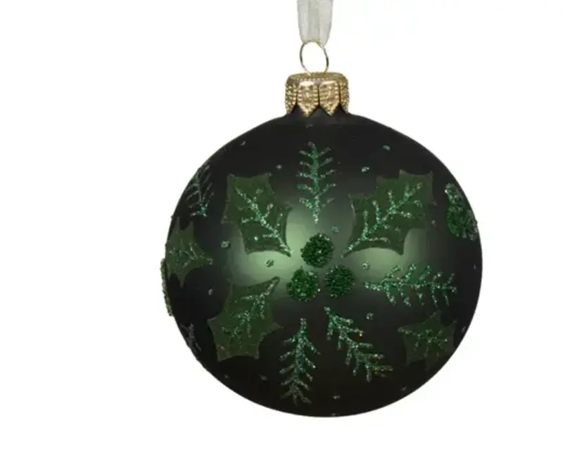 Matte Bauble with Holly Leaves Pine Green