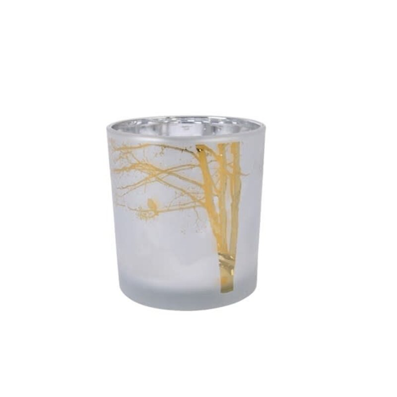 Sandblasting Gold Tree Design Tealight Holder Winter White 3"