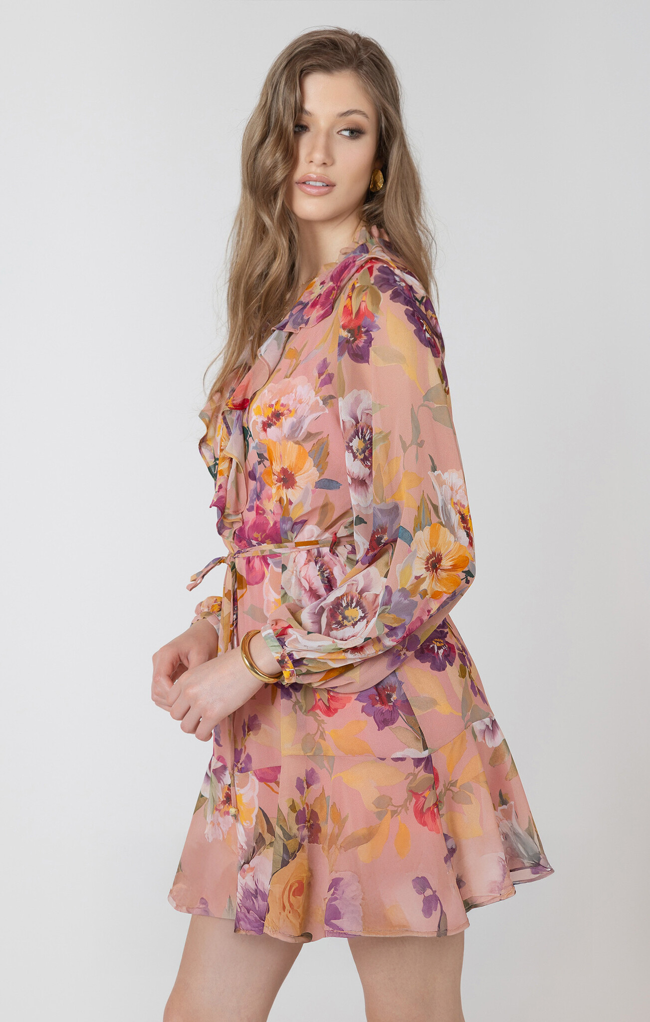 Black Tape Ruffle Detail Belted Mini Dress