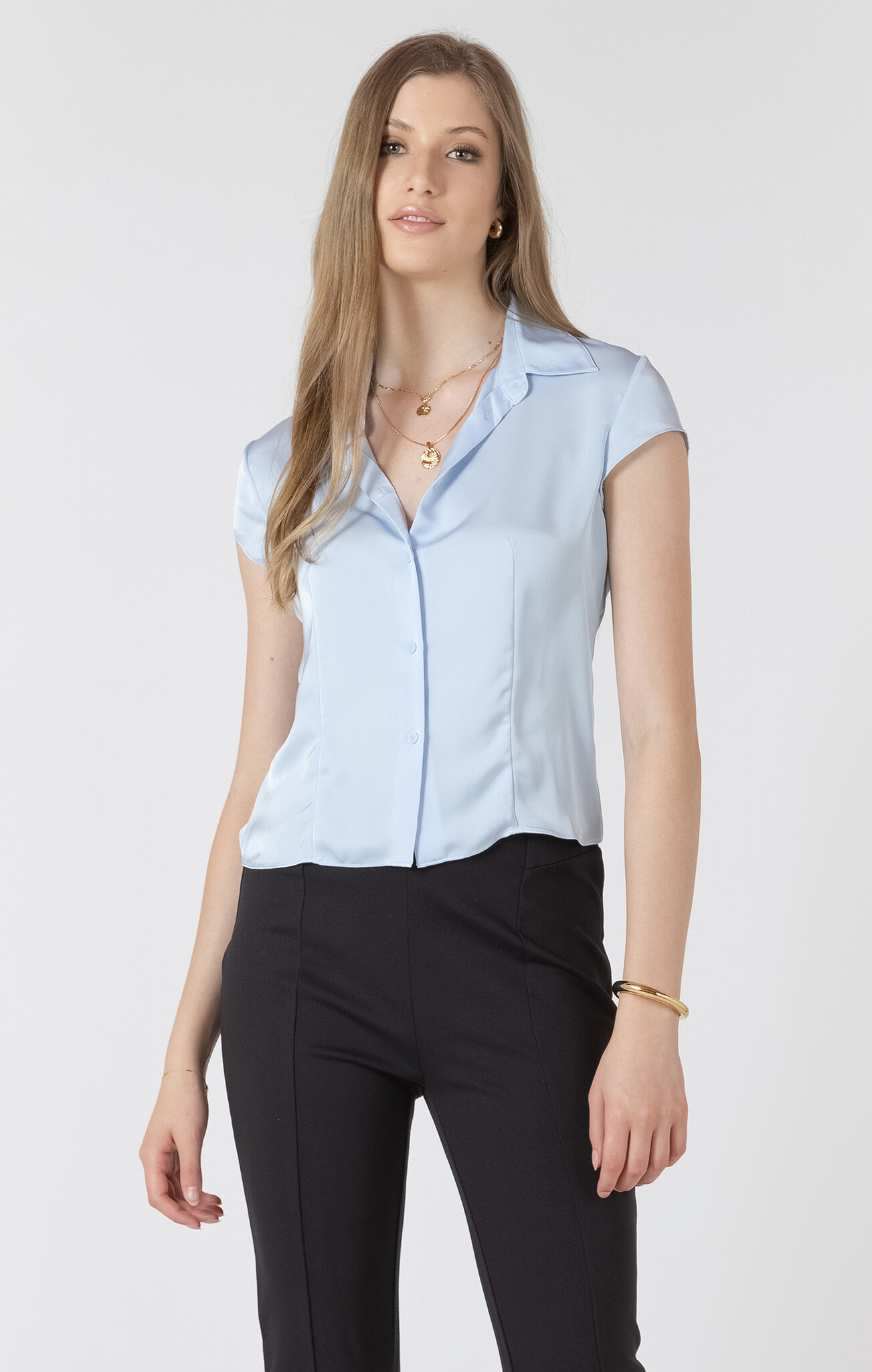 Black Tape Textured Seamed Button Front Blouse