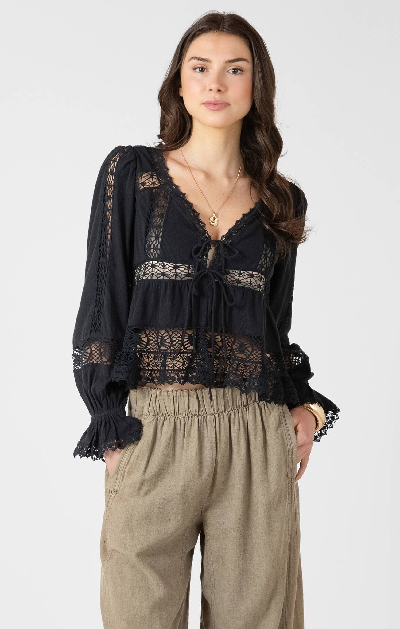 Dex Mixed Fabric Lace Trim Top