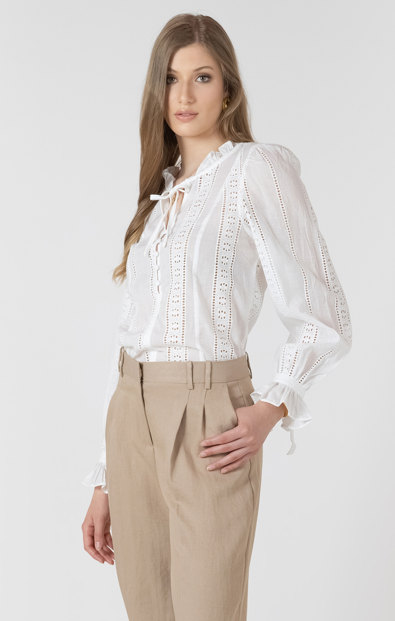 Black Tape Tie-Cuff Lace Insert Blouse