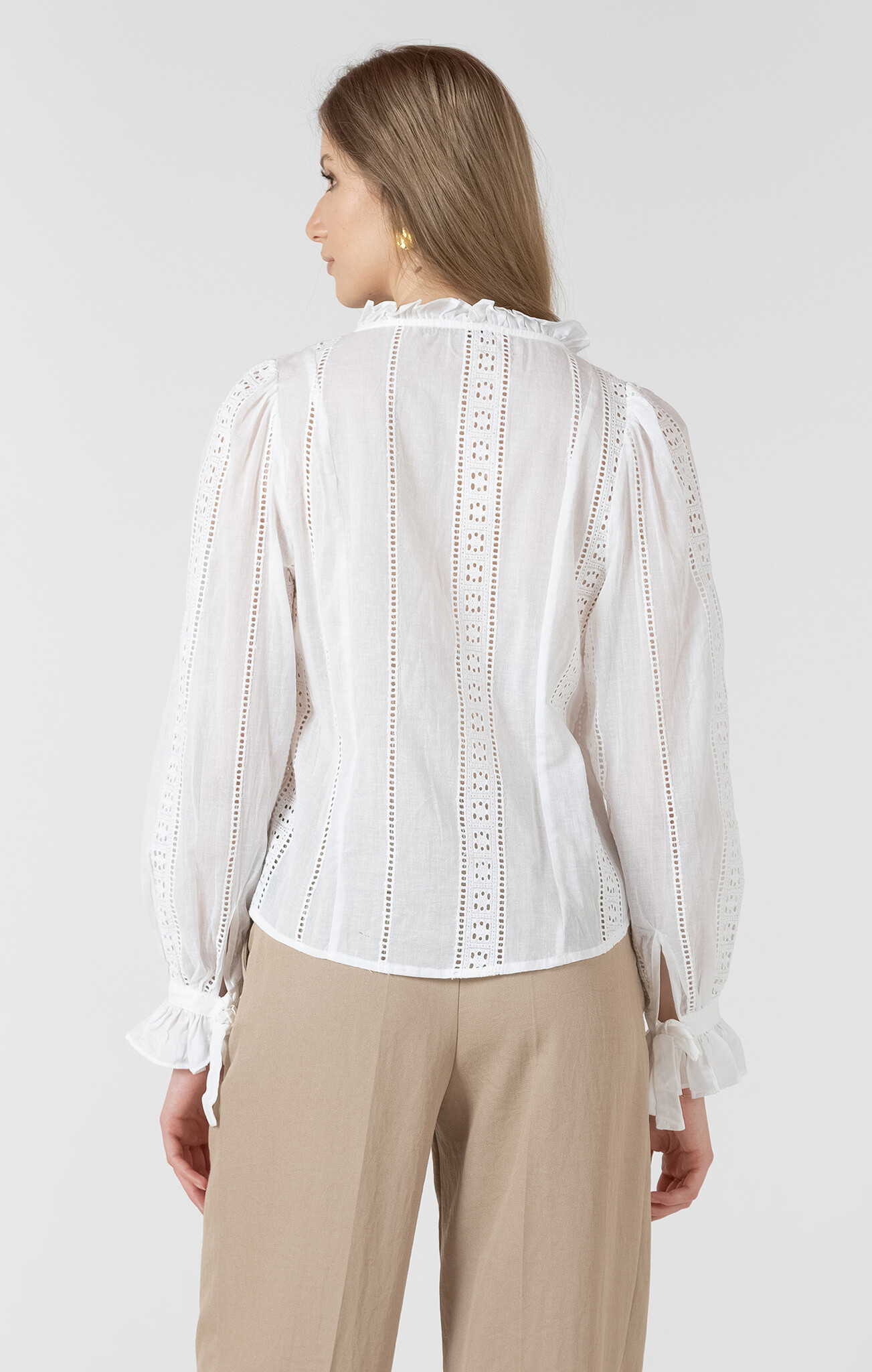 Black Tape Tie-Cuff Lace Insert Blouse