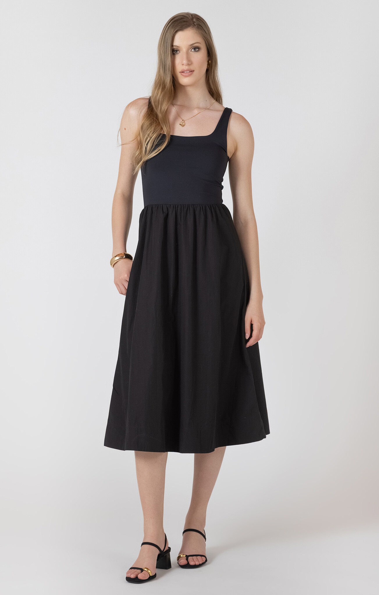Black Tape Mixed Fabric Midi Dress
