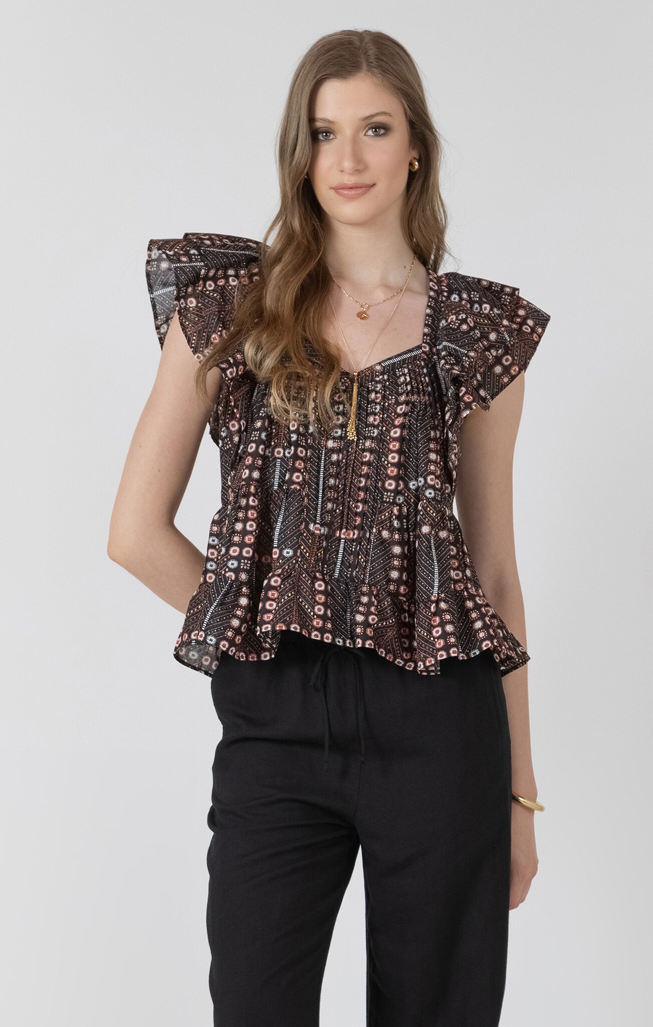 Black Tape Printed Ruffle Tencel Blouse