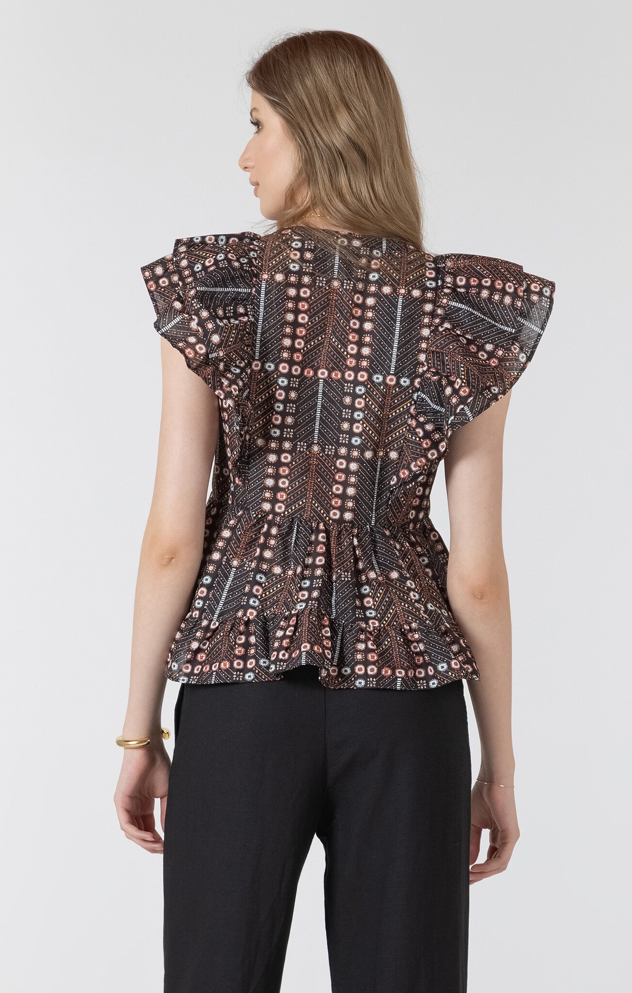 Black Tape Printed Ruffle Tencel Blouse