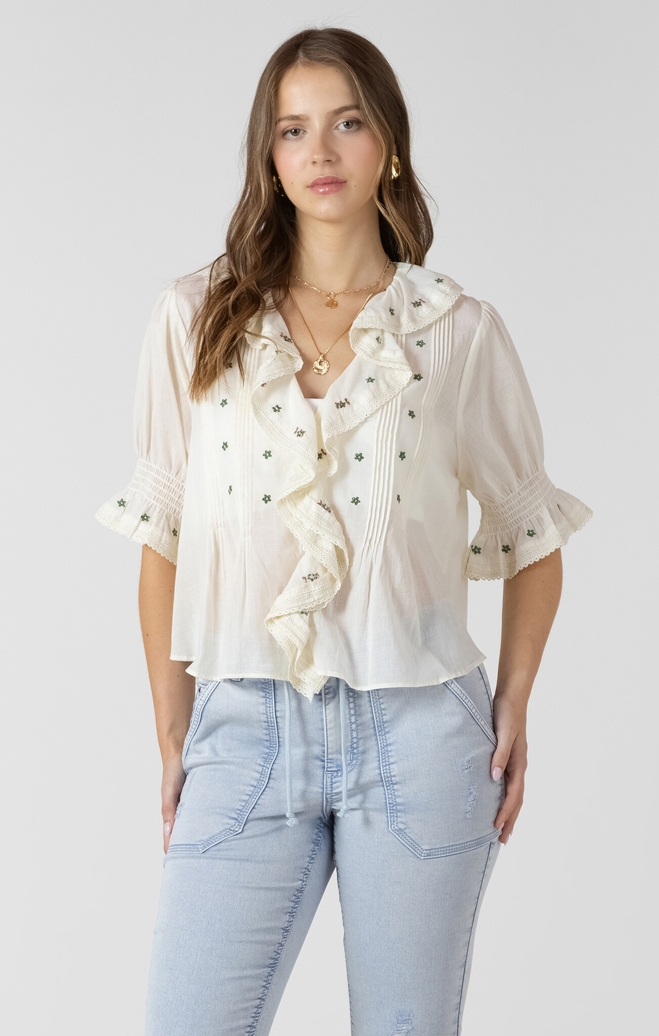 Dex Ruffle Detail Embroidered Blouse