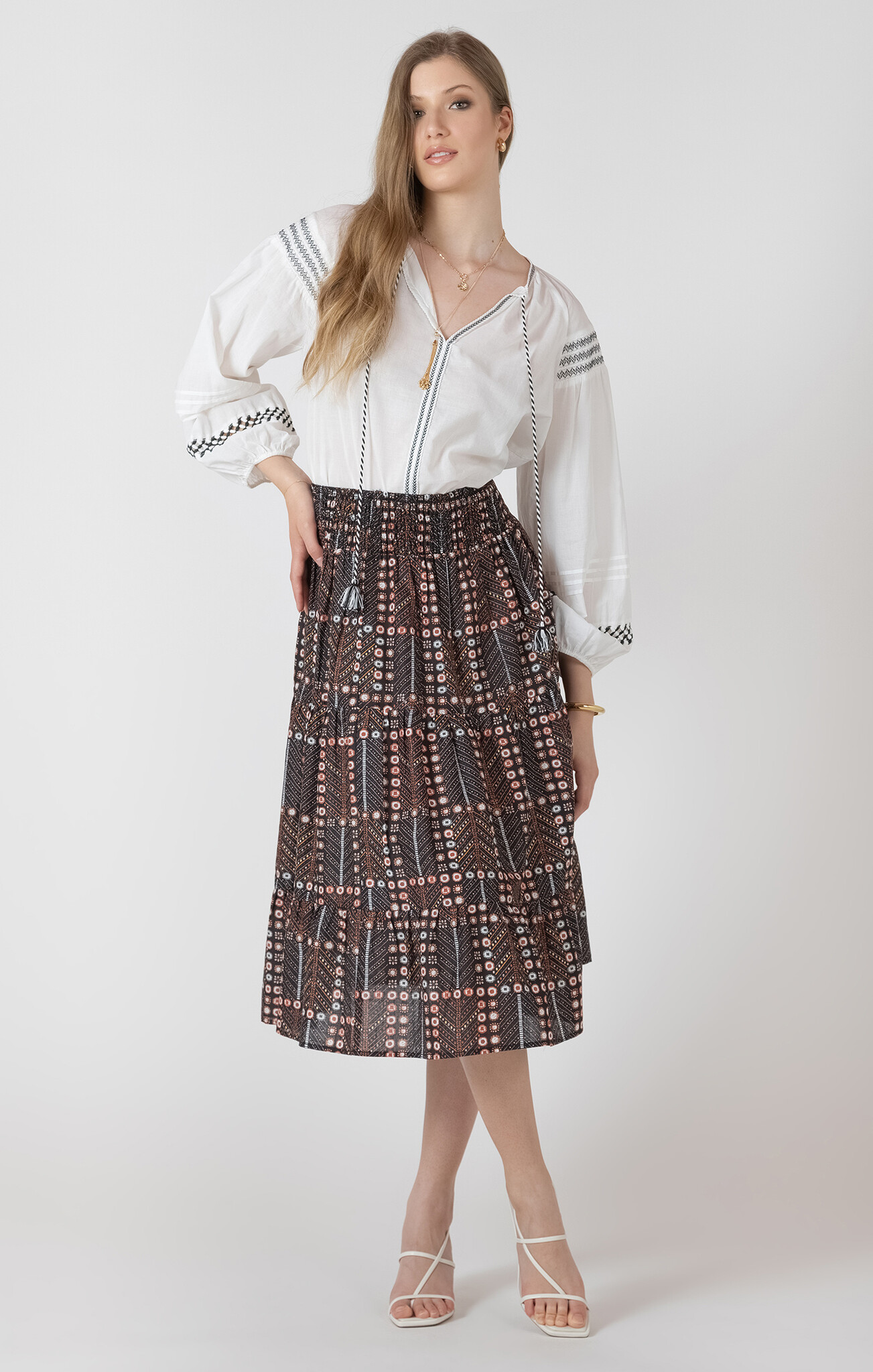 Black Tape Smocked Waist Midi Skirt