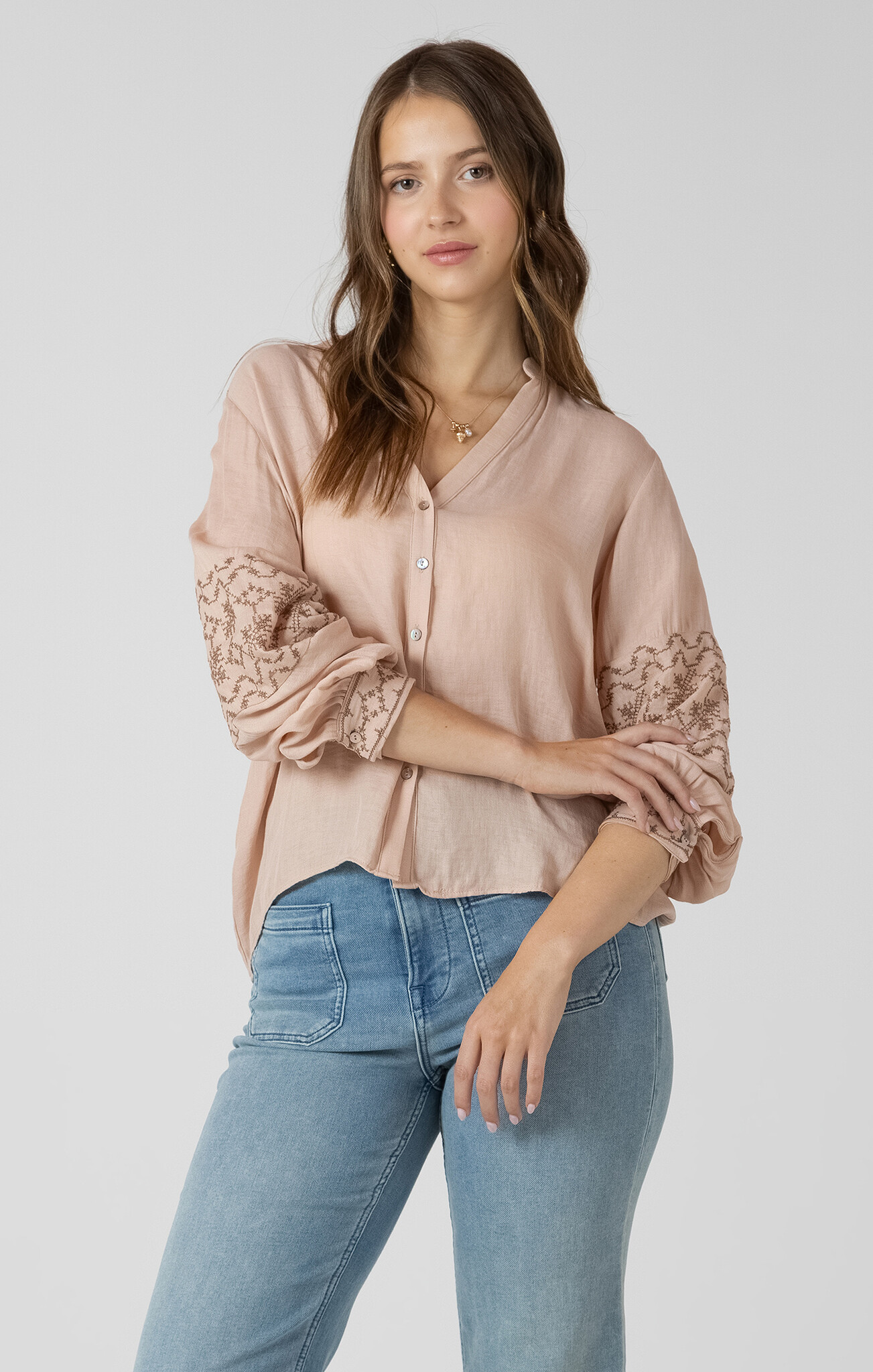 Dex Embroidered Button Front Blouse