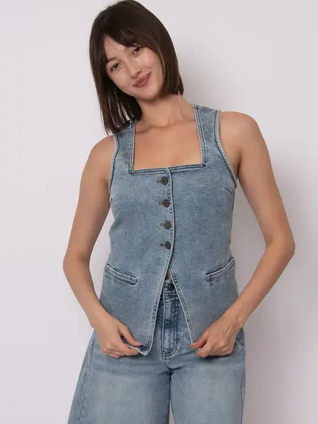 RD Style Vesta Stretch Denim Button-Up Vest