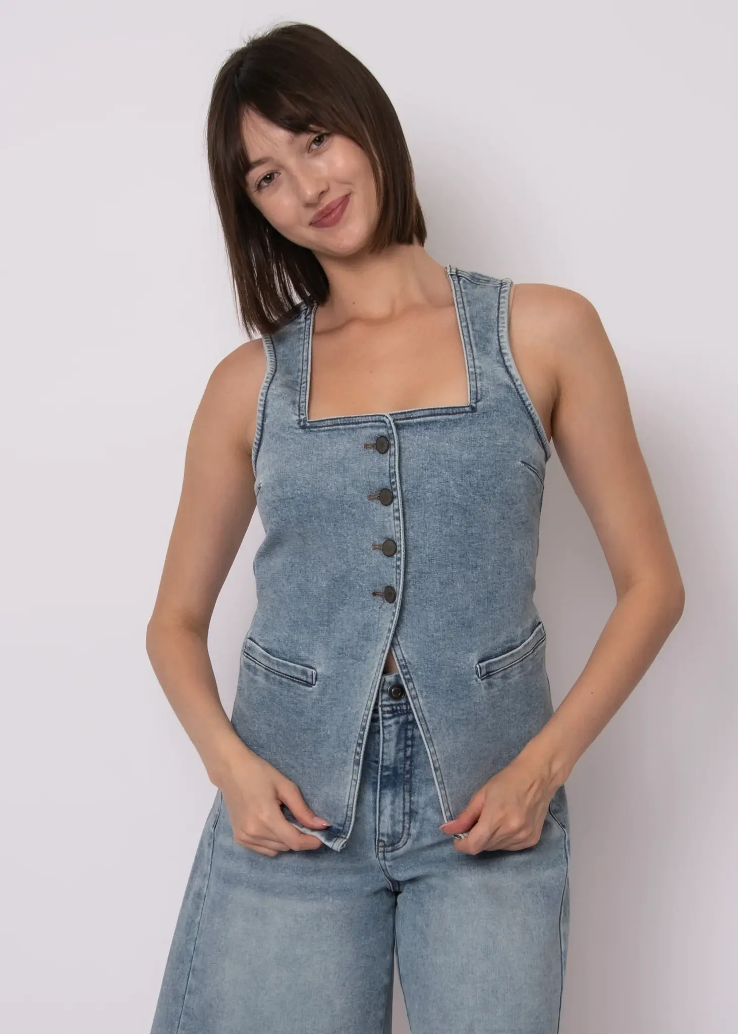 RD Style Vesta Stretch Denim Button-Up Vest