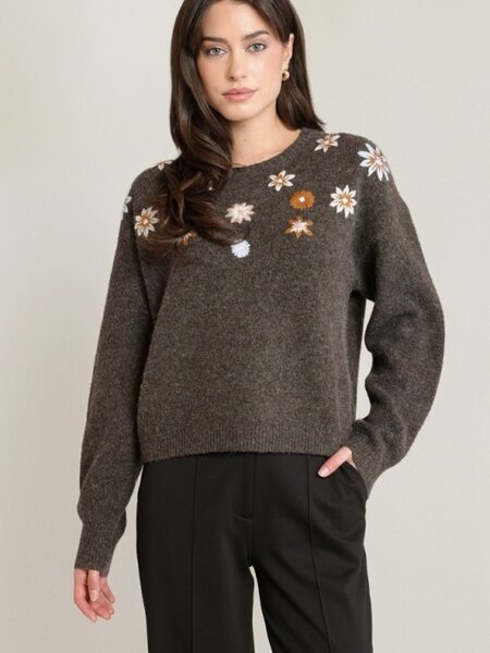 Black Tape Embroidered Flower Sweater